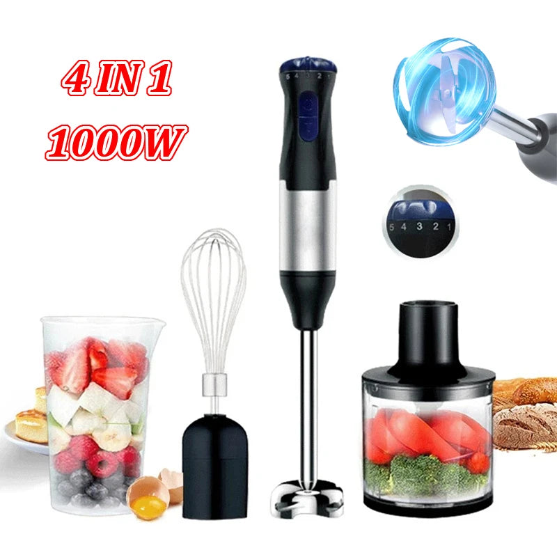 1000W Kitchen Immersion Blender 4 in 1 Stainless Steel handhold veggie Meat Chopper leg Whisk smothie pack