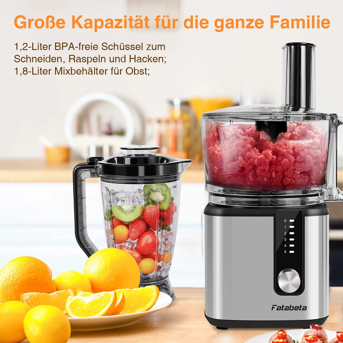 Stainless Steel Stand Mixer & Food Processor  Dough Kneader with Dual Bowls (1.8L+1.2L), 5-Speed Settings for Mixing, Chopping,