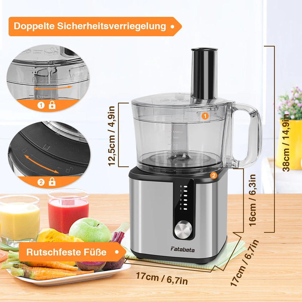 Stainless Steel Stand Mixer & Food Processor  Dough Kneader with Dual Bowls (1.8L+1.2L), 5-Speed Settings for Mixing, Chopping,