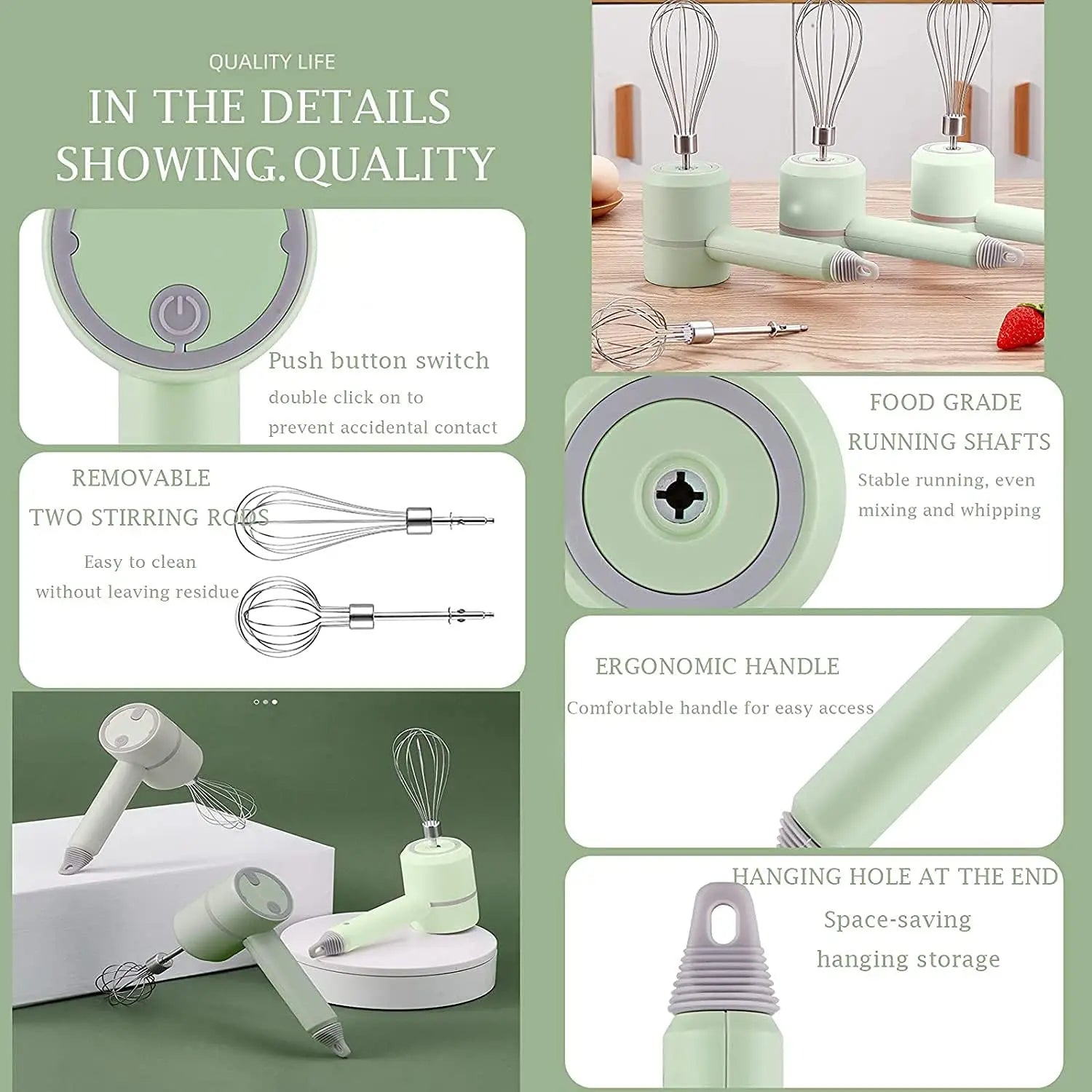 Cordless Electric Hand Mixer,USB Rechargable Handheld Egg Beater with 2 Detachable Stir Whisks 3 Speed Modes,Baking At Home For