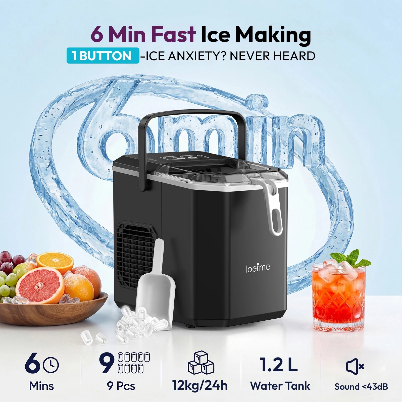 Loefme Ice Maker Cubes Machine Small Automatic Cleaning Bullet Shaped Ice Makers Fast Ice Making For Households Caffee Camping
