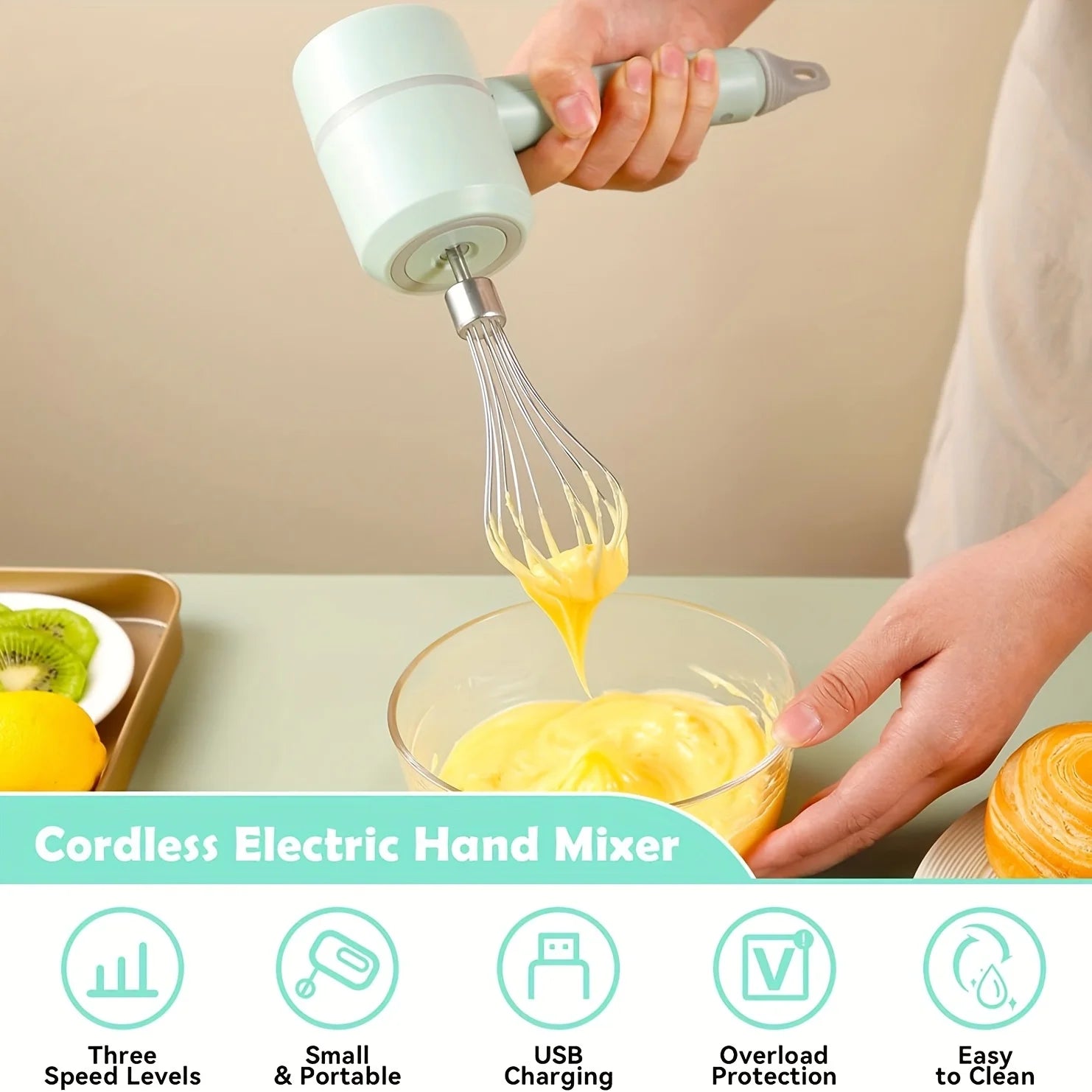 Cordless Electric Hand Mixer,USB Rechargable Handheld Egg Beater with 2 Detachable Stir Whisks 3 Speed Modes,Baking At Home For
