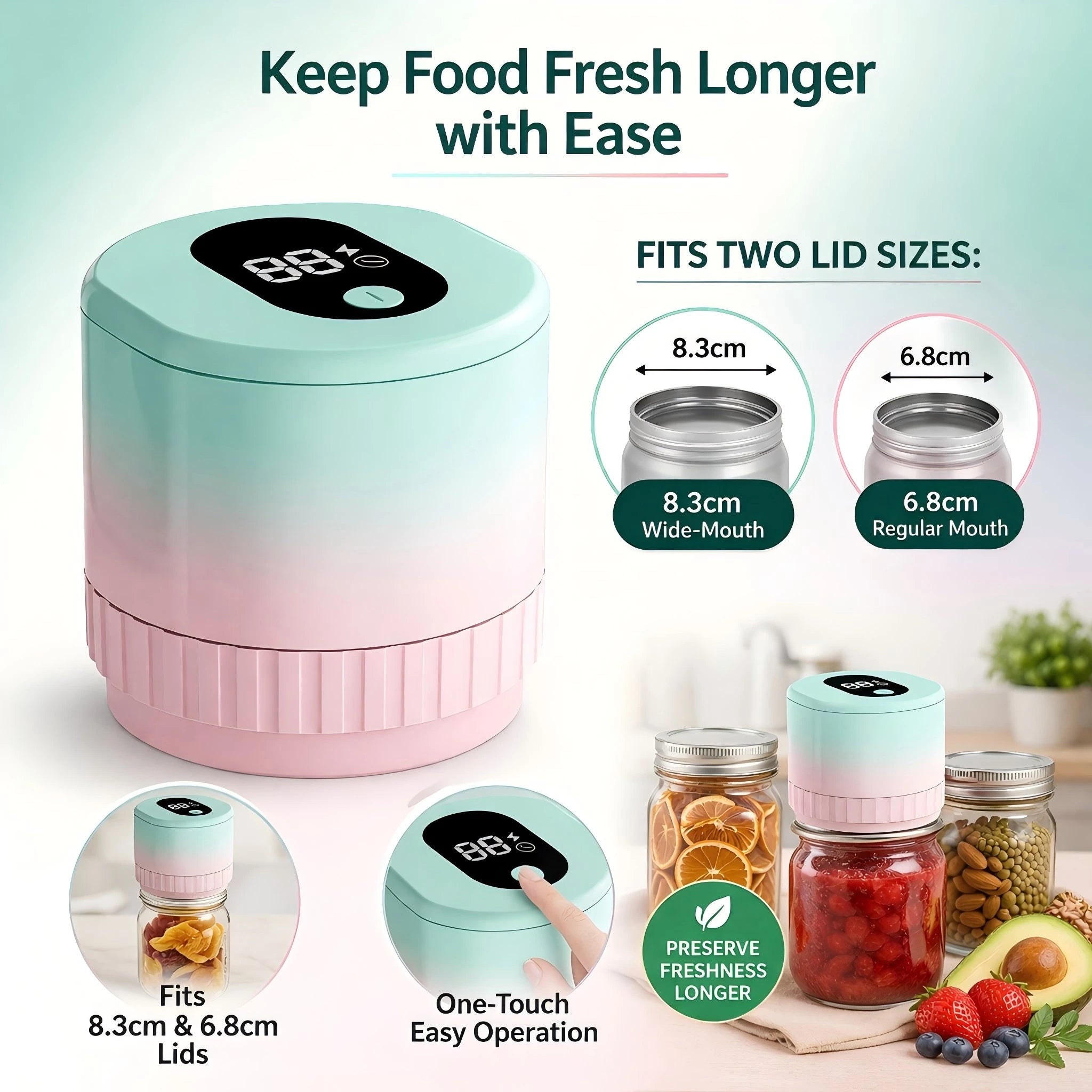 Home Cordless Mason Jar Vacuum Sealer Handheld Automatic Kitchen Food Storage Canning Tool for Glass Jars