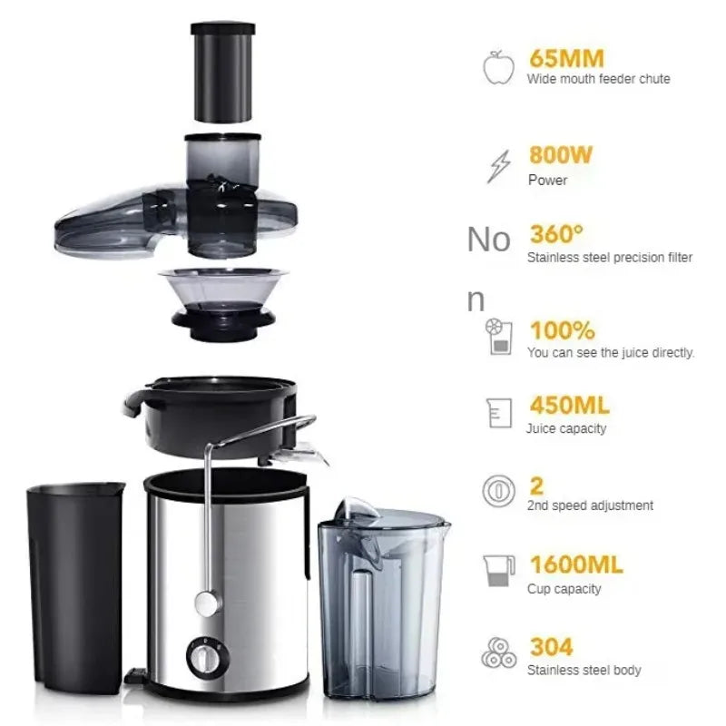 Stainless steel fruit juicer Centrifugal Strong Power Easy To Clean 800W Motor Big Mouth Large for Fruits And Vegetables