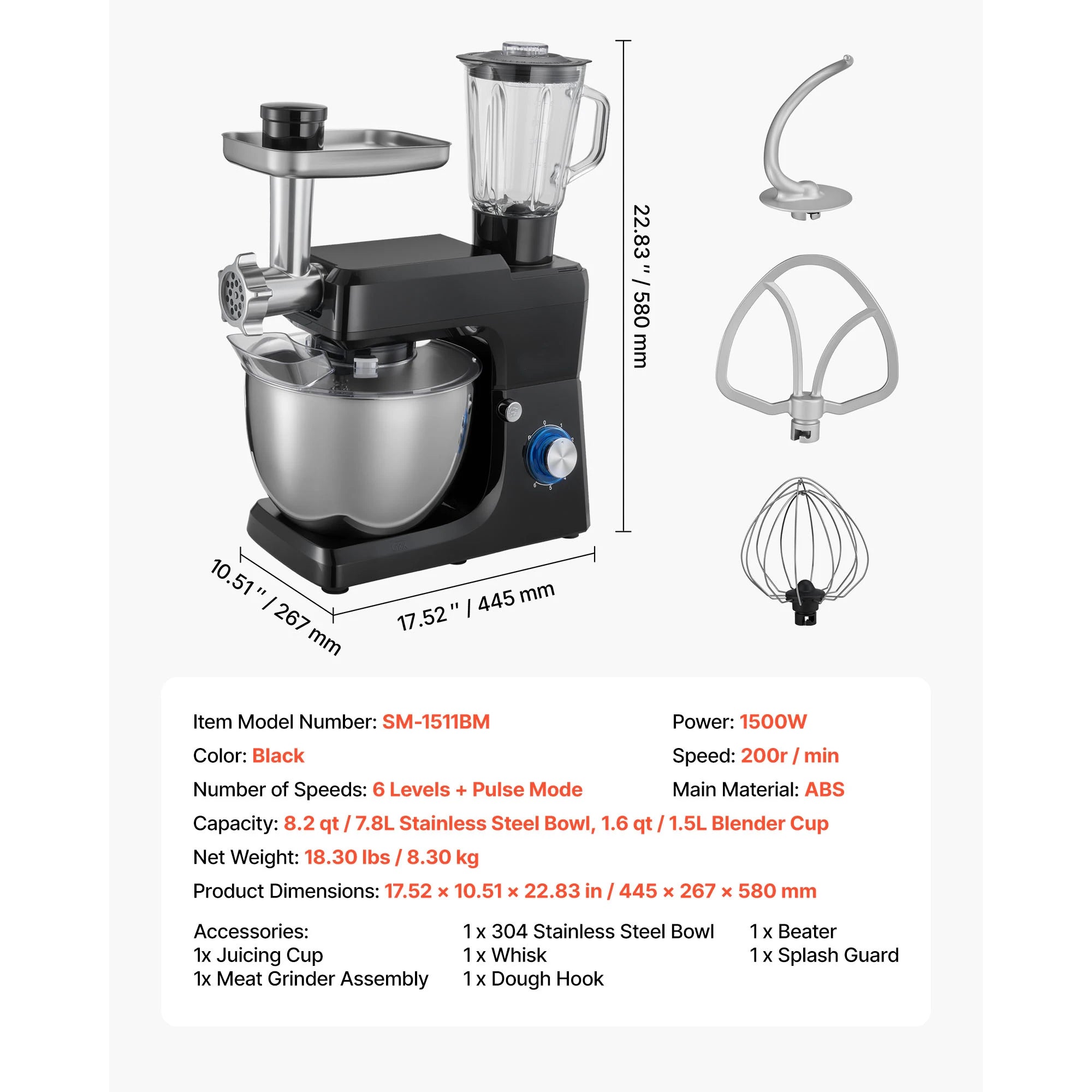 SucceBuy  5.7/6/7.8L Stand Mixe Electric Kitchen Mixer 1500W Dough-Mixer, 6+P Speeds Tilt-head Food-Mixer with 1.5 L Blender Cup