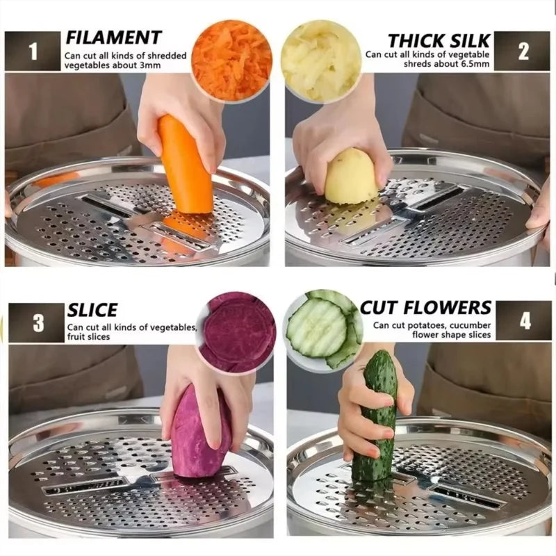 3 In 1 Vegetable Slicer Cutter Grater Drain Basket Stainless Steel Salad Maker Bowl Kitchen Tool for Fruits Veggies Food Prep
