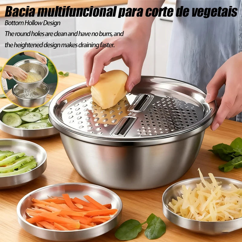 3 In 1 Vegetable Slicer Cutter Grater Drain Basket Stainless Steel Salad Maker Bowl Kitchen Tool for Fruits Veggies Food Prep