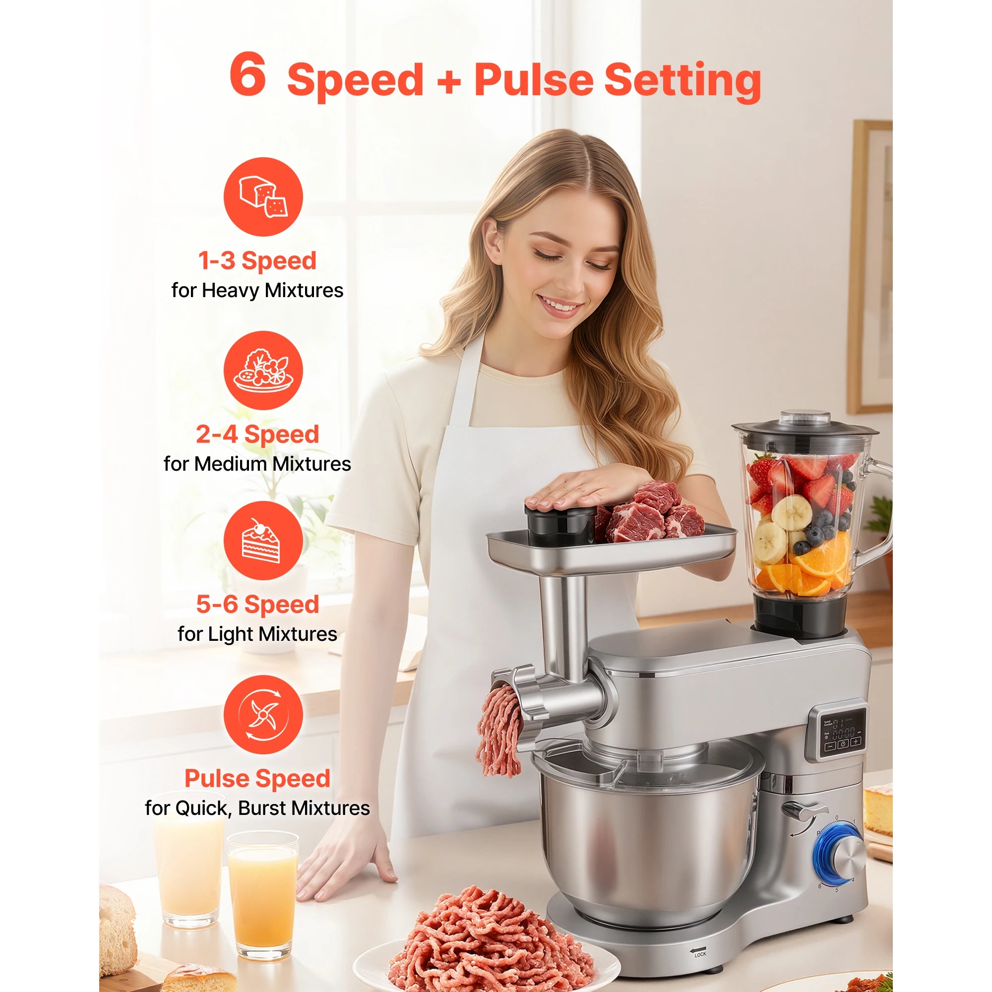 SucceBuy  5.7/6/7.8L Stand Mixe Electric Kitchen Mixer 1500W Dough-Mixer, 6+P Speeds Tilt-head Food-Mixer with 1.5 L Blender Cup