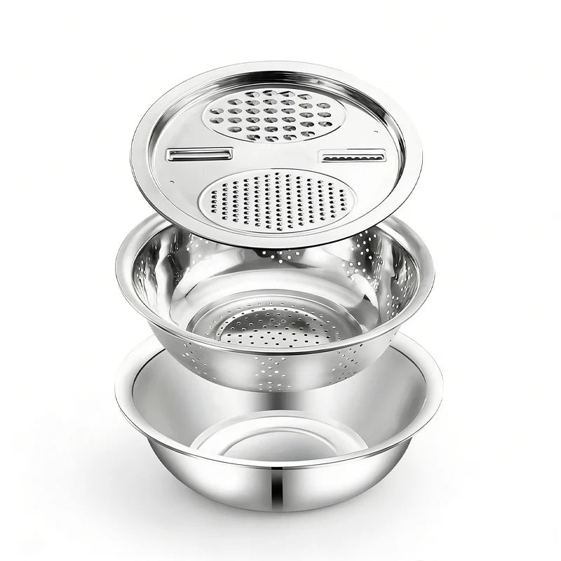 3 In 1 Vegetable Slicer Cutter Grater Drain Basket Stainless Steel Salad Maker Bowl Kitchen Tool for Fruits Veggies Food Prep