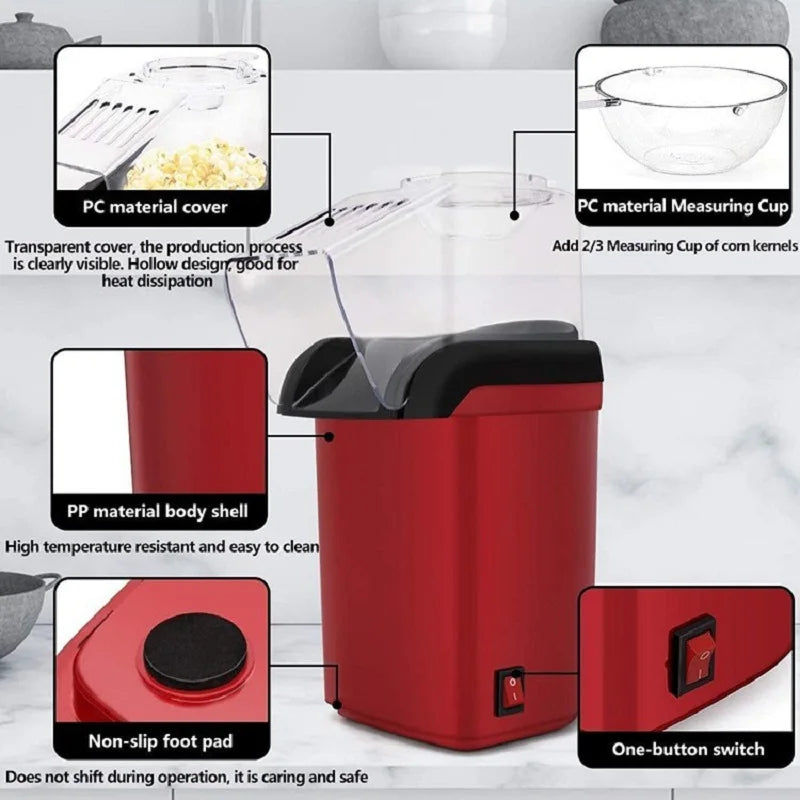 Electric Portable Popcorn Maker Fully Automatic Home Popcorn Popper Hot Air Popcorn Machine Healthy No Oil Mini Popcorn Maker
