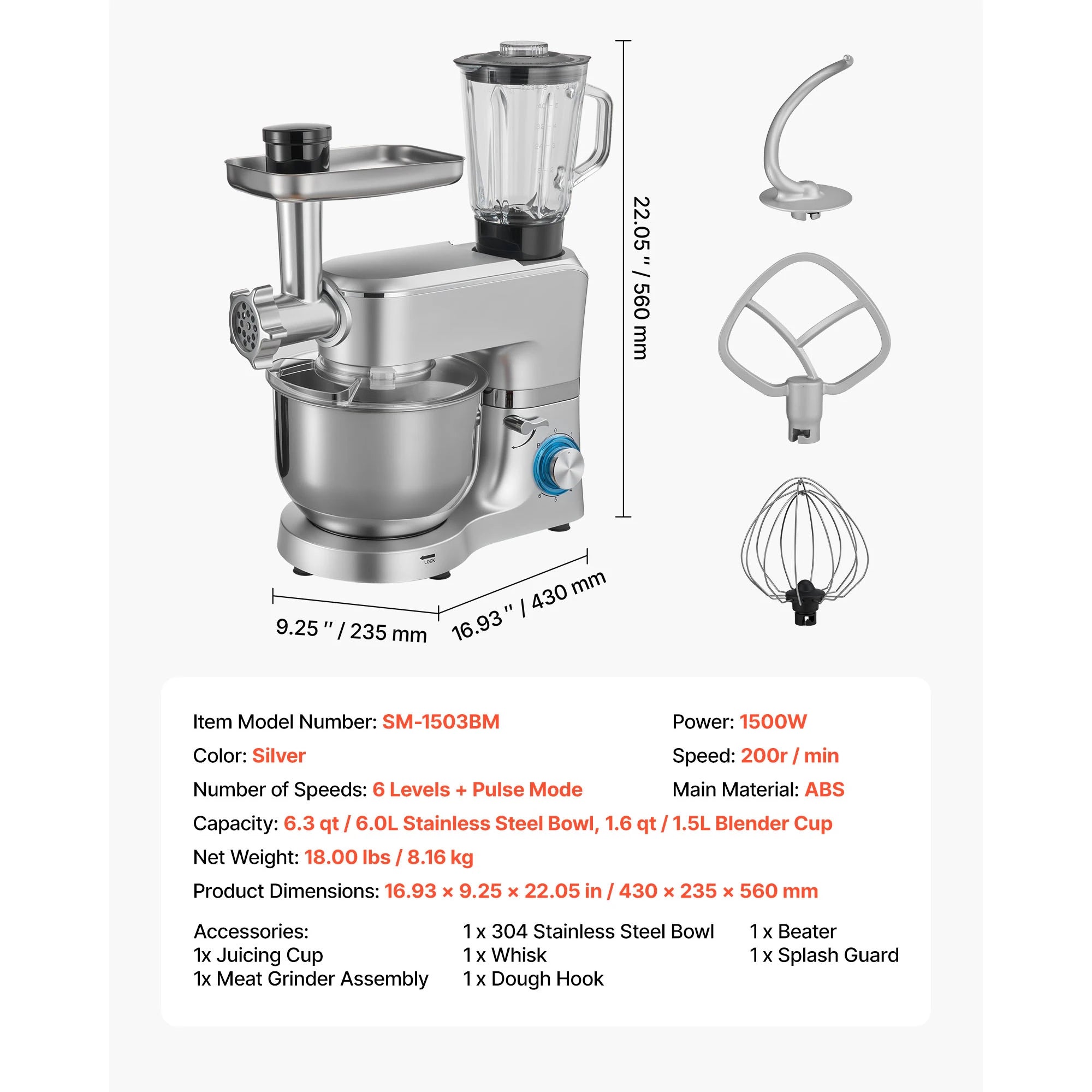 SucceBuy  5.7/6/7.8L Stand Mixe Electric Kitchen Mixer 1500W Dough-Mixer, 6+P Speeds Tilt-head Food-Mixer with 1.5 L Blender Cup