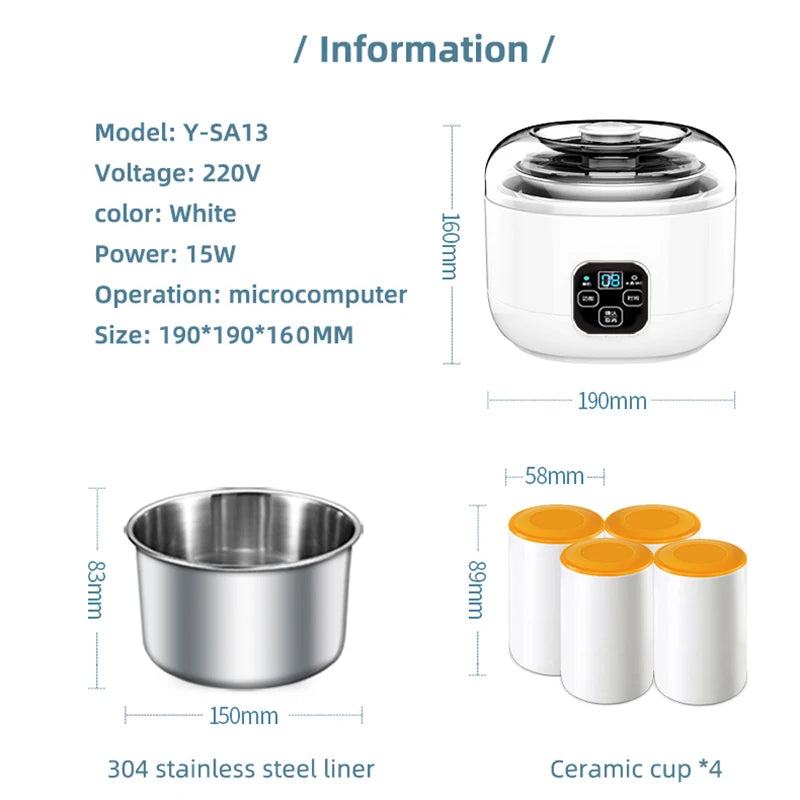 1.0L Automatic Yogurt Maker with Jars Household Multifunction Mini Yogurt Machine Rice Wine Natto Machine DIY Yogurt Tools 220V