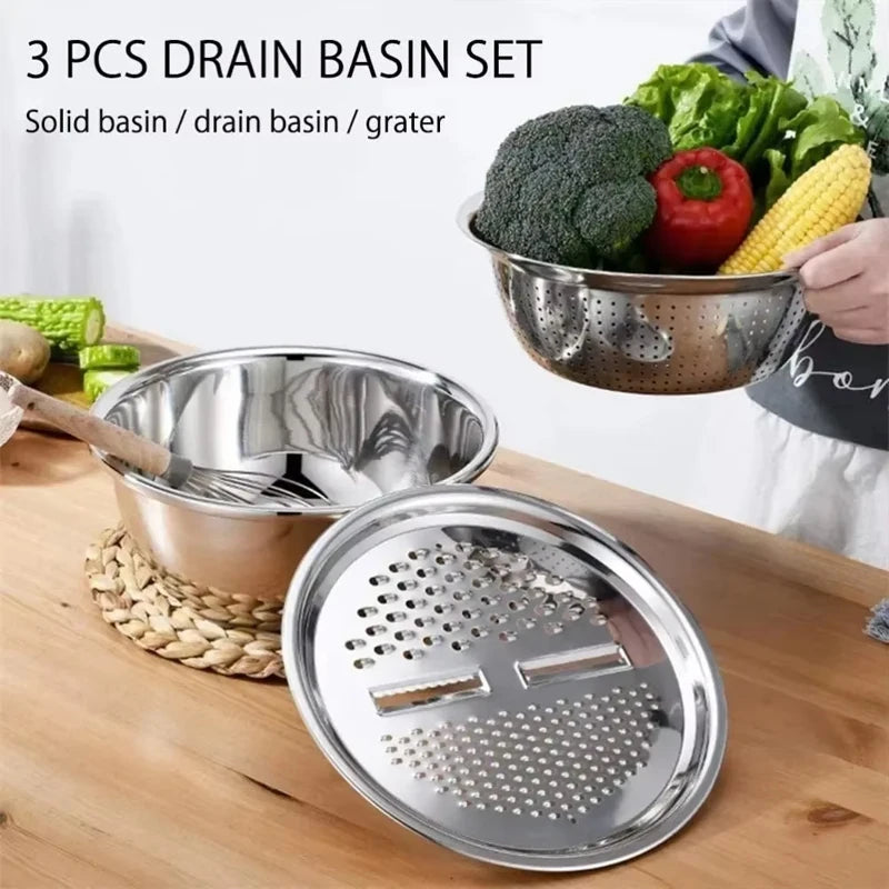3 In 1 Vegetable Slicer Cutter Grater Drain Basket Stainless Steel Salad Maker Bowl Kitchen Tool for Fruits Veggies Food Prep