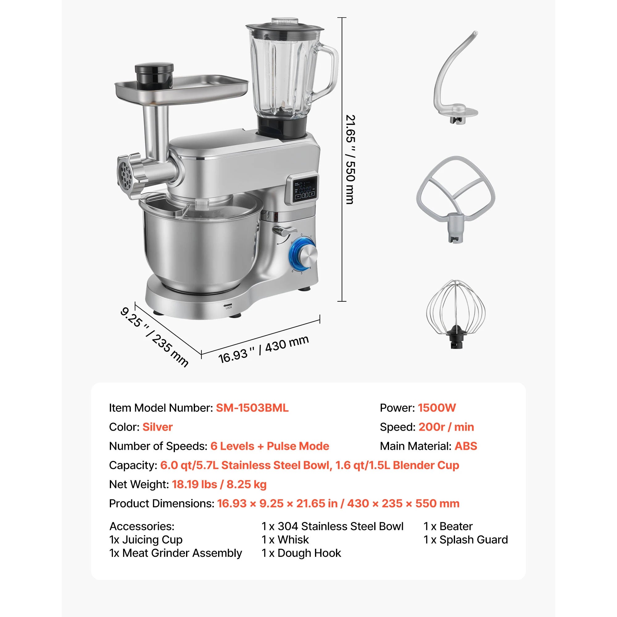 SucceBuy  5.7/6/7.8L Stand Mixe Electric Kitchen Mixer 1500W Dough-Mixer, 6+P Speeds Tilt-head Food-Mixer with 1.5 L Blender Cup