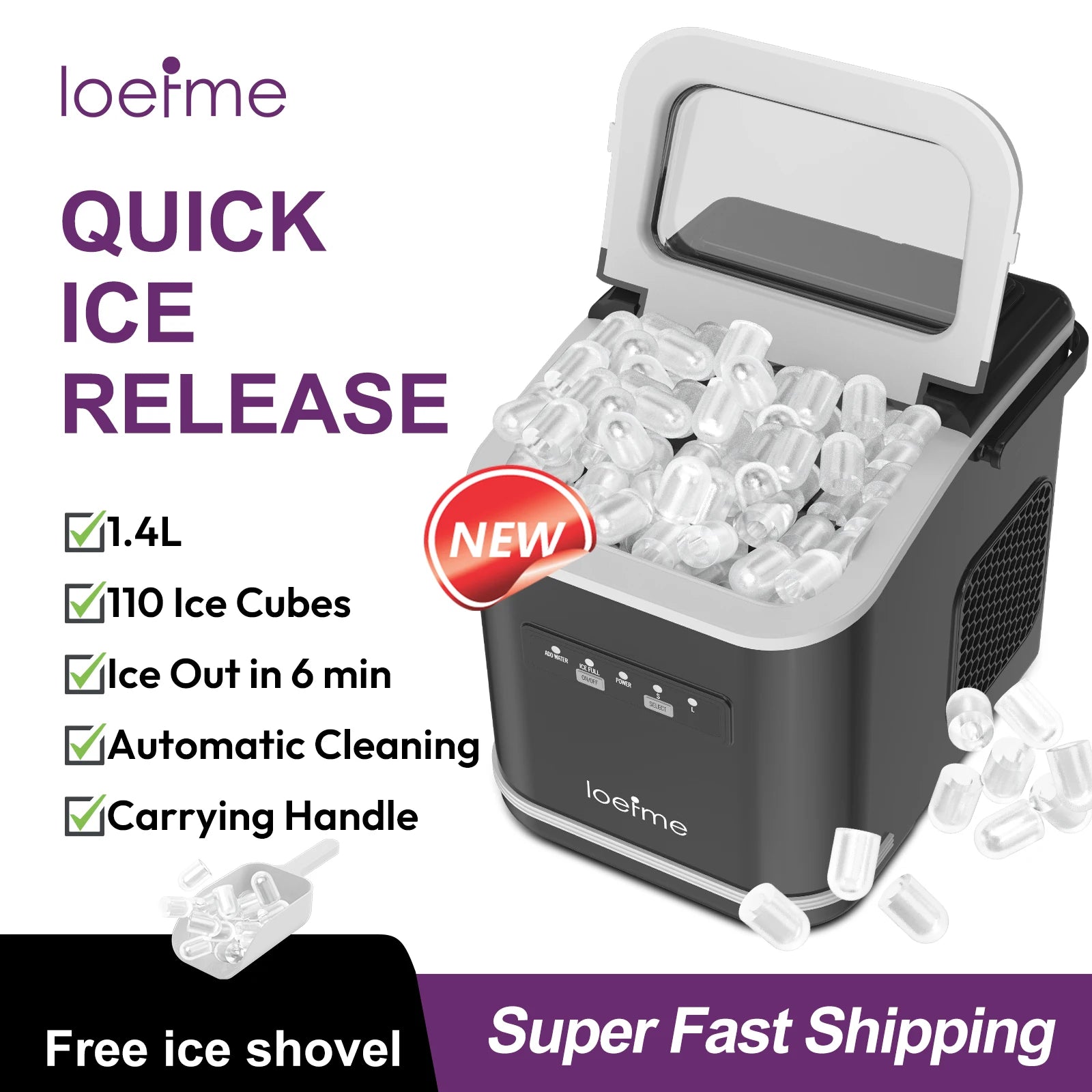 Loefme Electric Ice Maker Professional Ice Cube Maker Portable Automatic Cleaning Bullet Round Ice Block Making Machine Home Bar