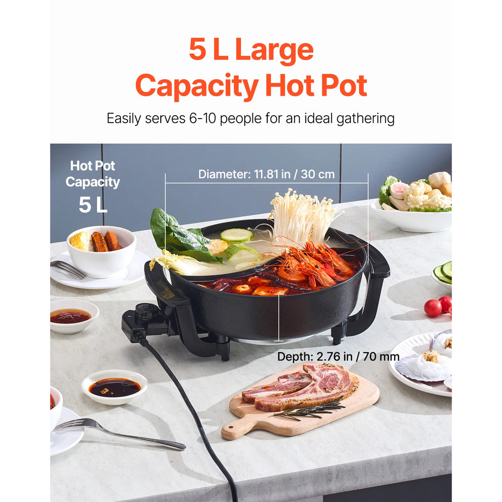 SucceBuy Electric Hot Pot 5 L Double-flavor Shabu Shabu Pot Non-Stick Electric Cooker with Divider Glass Lid for 6-10 People