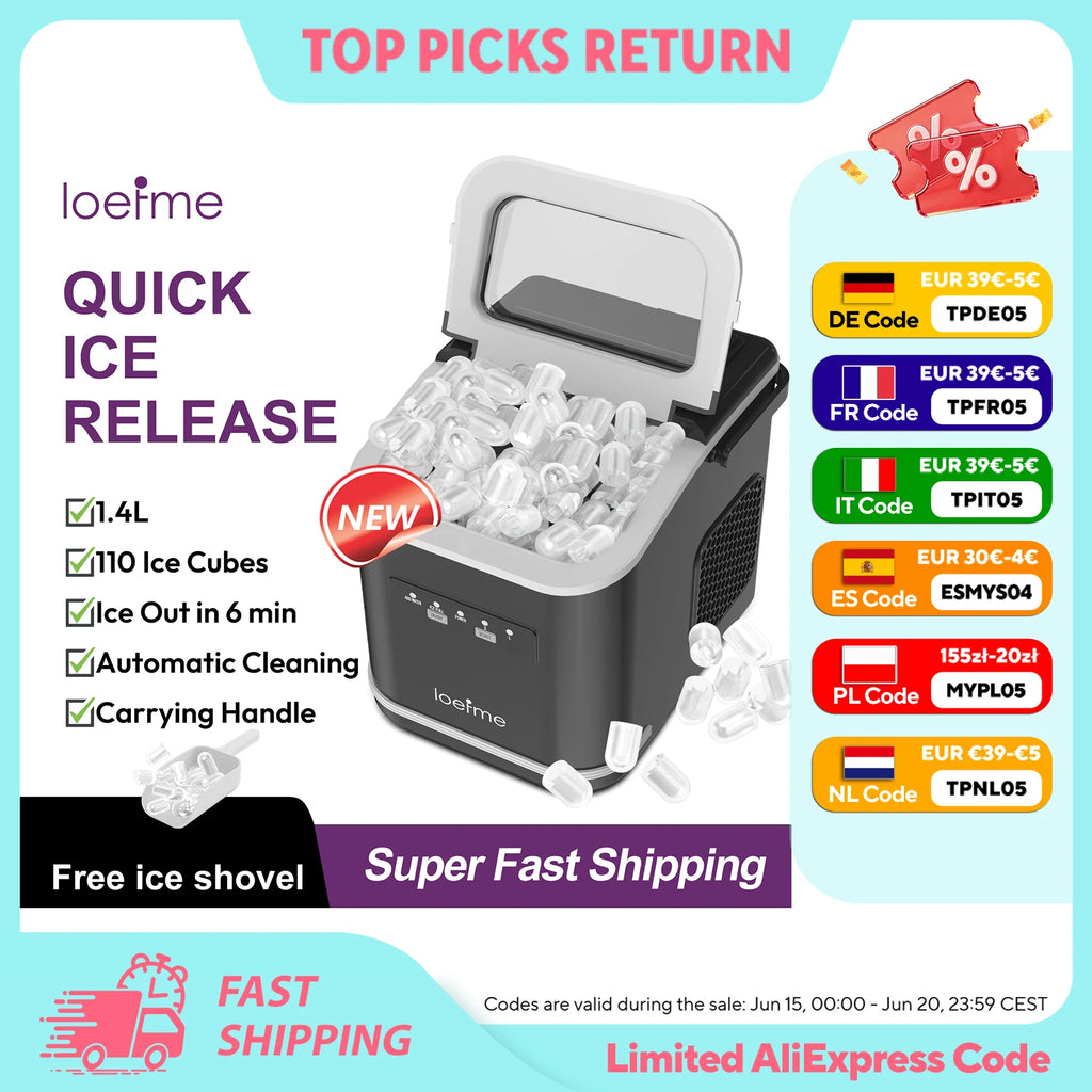 Loefme Electric Ice Maker Professional Ice Cube Maker Portable Automatic Cleaning Bullet Round Ice Block Making Machine Home Bar