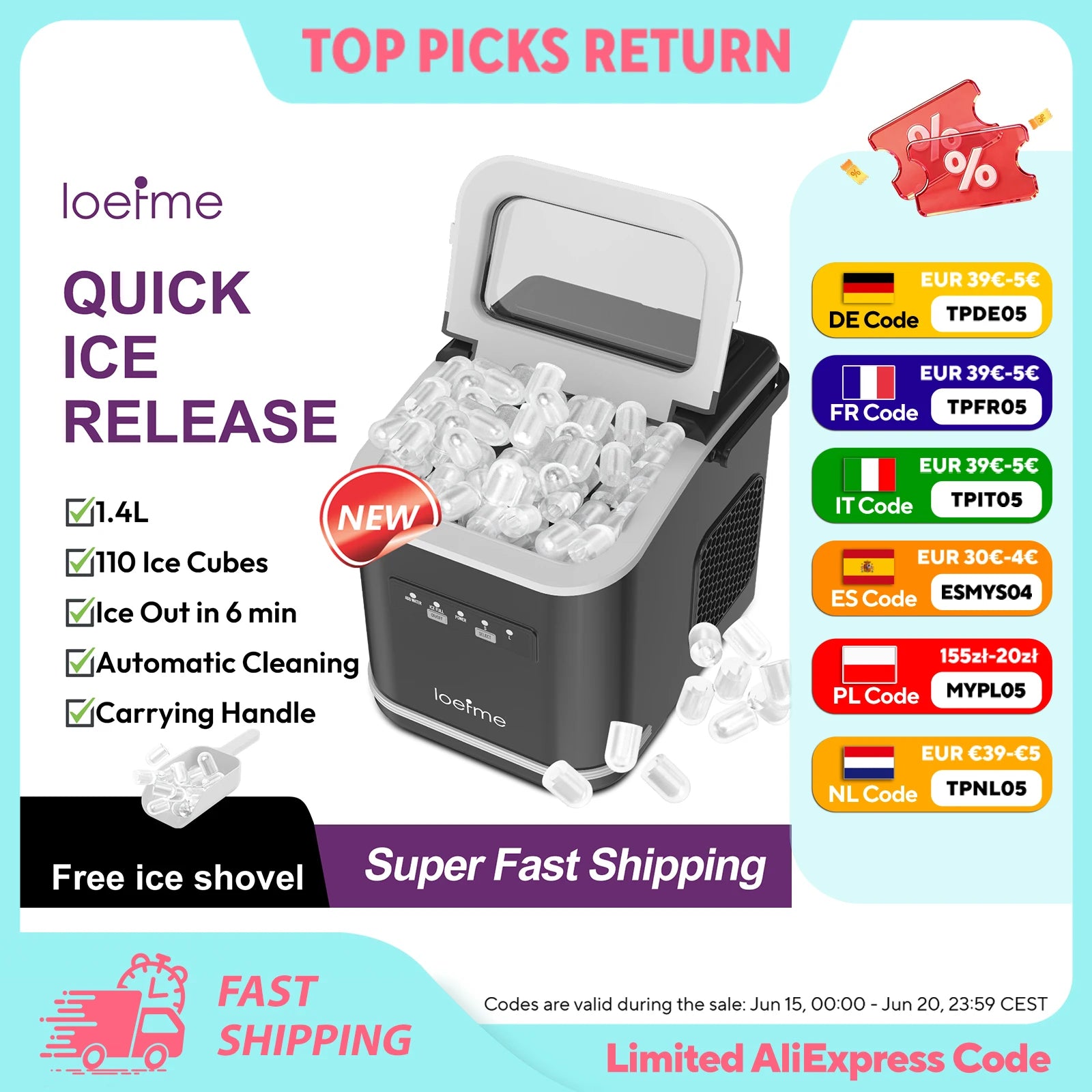 Loefme Electric Ice Maker Professional Ice Cube Maker Portable Automatic Cleaning Bullet Round Ice Block Making Machine Home Bar