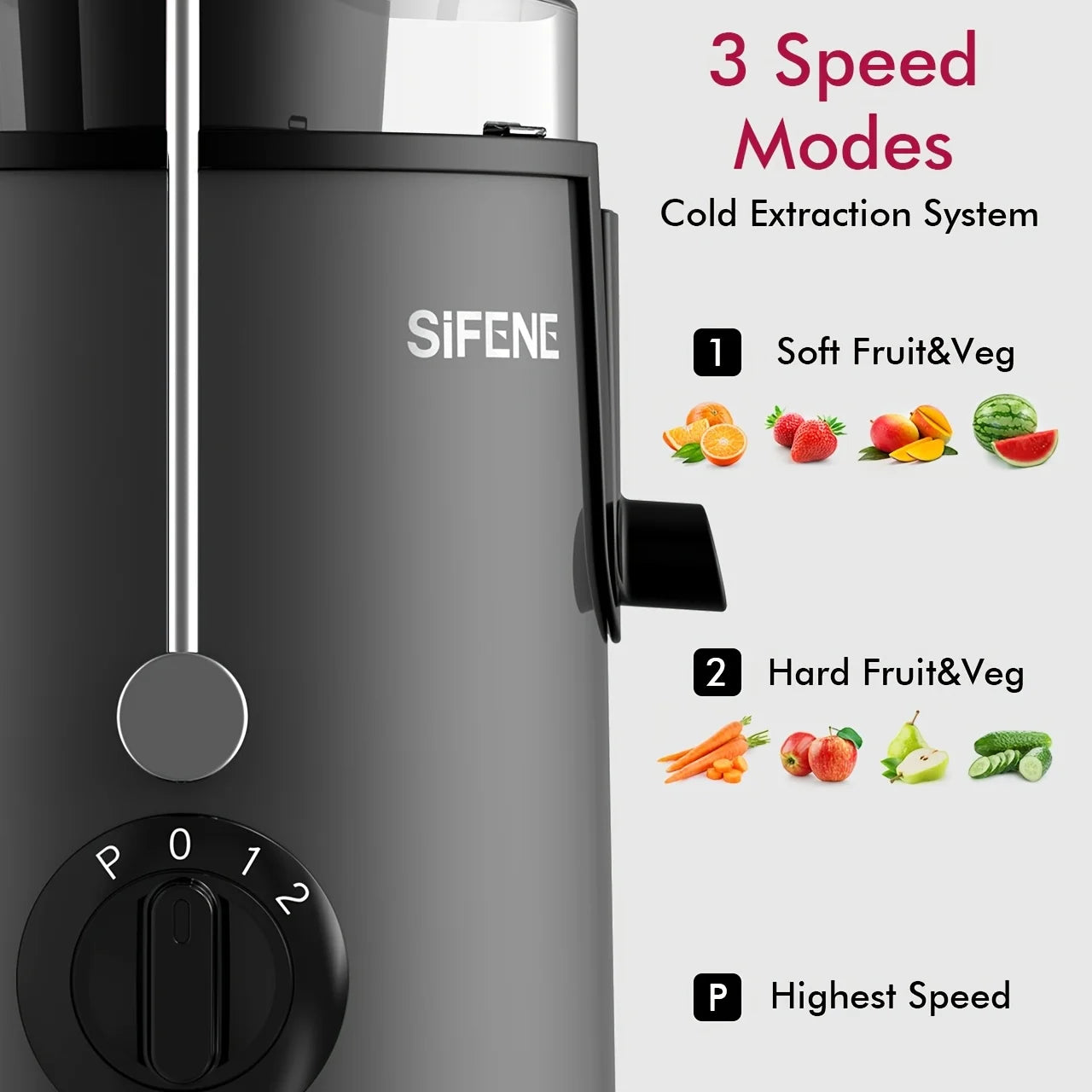 SiFENE Easy-Clean Juicer, 3" Wide Feed for Rapid Fruit and Vegetable Juicing, 3 Speed Settings, BPA-Free, Stainless Steel, Gray