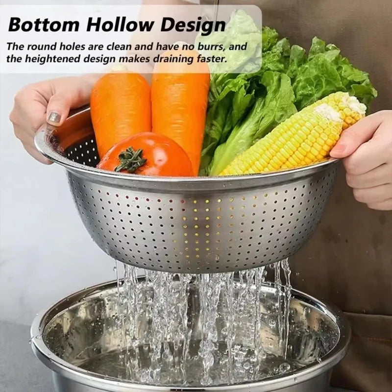 3 In 1 Vegetable Slicer Cutter Grater Drain Basket Stainless Steel Salad Maker Bowl Kitchen Tool for Fruits Veggies Food Prep