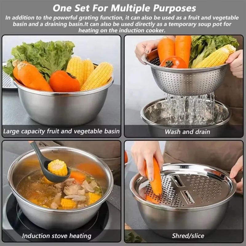 3 In 1 Vegetable Slicer Cutter Grater Drain Basket Stainless Steel Salad Maker Bowl Kitchen Tool for Fruits Veggies Food Prep